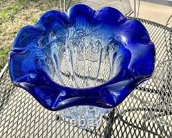 Vintage Murano Style Large Cobalt Blue Clear Glass Vase Ruffled Edge 14 Swirl