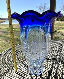 Vintage Murano Style Large Cobalt Blue Clear Glass Vase Ruffled Edge 14 Swirl