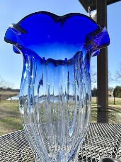 Vintage Murano Style Large Cobalt Blue Clear Glass Vase Ruffled Edge 14 Swirl