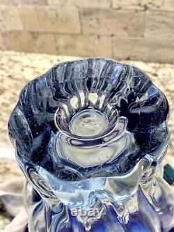 Vintage Murano Style Large Cobalt Blue Clear Glass Vase Ruffled Edge 14 Swirl