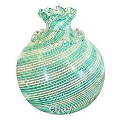 Vintage Murano Teal Swirl Reticello Art Glass Vase by Dino Martens for Toso