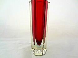 Vintage Murano mandruzzato red in blue haze column sommerso block glass vase