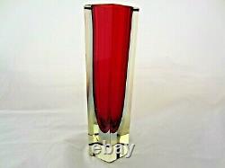 Vintage Murano mandruzzato red in blue haze column sommerso block glass vase