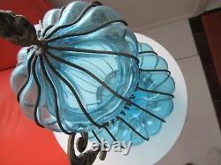 Vintage OVERSIZED ELABORATE Light Blue Glass Melon Vase Ruffled Edge 12x17 OOAK