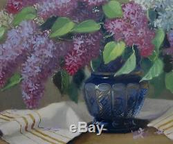 Vintage Oil Painting LILACS IN BLUE GLASS VASE Signed PAL STRAUSS Framed