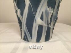 Vintage PHOENIX CONSOLIDATED GLASS Dark Blue Freesia Floral Sculpted Fan Vase