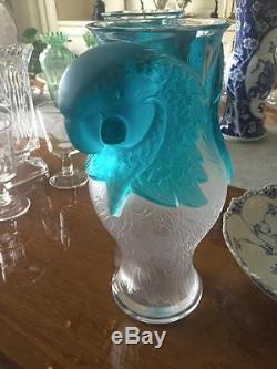 Vintage Pair 1999 Lalique Glass Macaw Vases 2 of 99 Turquoise Limited Edtion