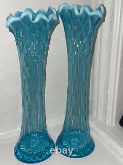 Vintage Pair (2) Glass Diamond Thumbprint Oval Blue Opalescent Swung 12 Vase