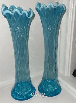 Vintage Pair (2) Glass Diamond Thumbprint Oval Blue Opalescent Swung 12 Vase