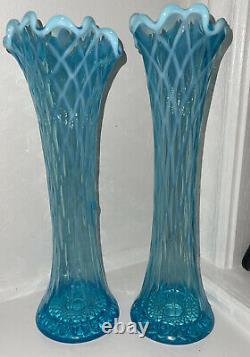 Vintage Pair (2) Glass Diamond Thumbprint Oval Blue Opalescent Swung 12 Vase