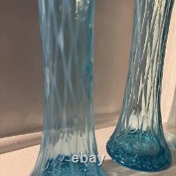 Vintage Pair (2) Glass Diamond Thumbprint Oval Blue Opalescent Swung 12 Vase