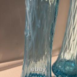 Vintage Pair (2) Glass Diamond Thumbprint Oval Blue Opalescent Swung 12 Vase