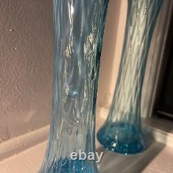 Vintage Pair (2) Glass Diamond Thumbprint Oval Blue Opalescent Swung 12 Vase