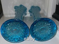 Vintage Pair (2) Glass Diamond Thumbprint Oval Blue Opalescent Swung 12 Vase