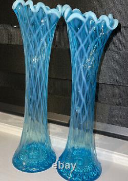 Vintage Pair (2) Glass Diamond Thumbprint Oval Blue Opalescent Swung 12 Vase