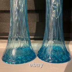 Vintage Pair (2) Glass Diamond Thumbprint Oval Blue Opalescent Swung 12 Vase