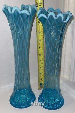 Vintage Pair (2) Glass Diamond Thumbprint Oval Blue Opalescent Swung 12 Vase