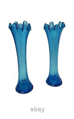 Vintage Pair of Rare Dugan Glass 12.25 Swung Vase Wide Rib in Celeste Blue