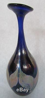 Vintage Peter Vanderlaan Iridescent Blue Feather Favril Art Glass Vase 9 1974