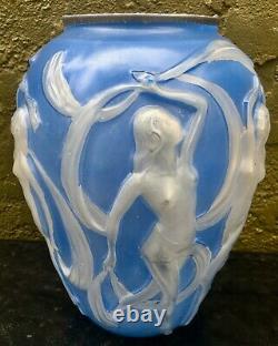 Vintage Phoenix Consolidated Deco DANCING NUDES Women Frosted Blue Glass Vase