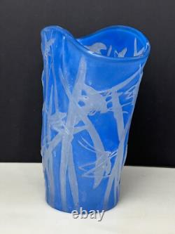 Vintage Phoenix Glass Blue Frosted 8-1/4 Flaring Vase Grasshoppers on Reeds