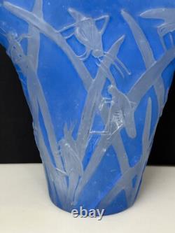 Vintage Phoenix Glass Blue Frosted 8-1/4 Flaring Vase Grasshoppers on Reeds