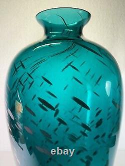 Vintage Rare Blenko Teal Blue Green Color Large Glass Vase Unique MCM 14 Tall