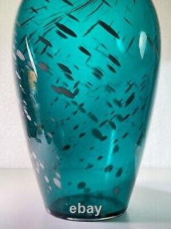 Vintage Rare Blenko Teal Blue Green Color Large Glass Vase Unique MCM 14 Tall