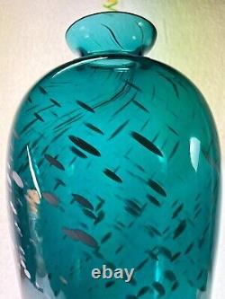 Vintage Rare Blenko Teal Blue Green Color Large Glass Vase Unique MCM 14 Tall