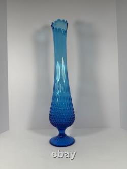 Vintage Retro MCM Blue Glass Swung Vase 21.75Hobnail Pedestal Base Fenton Style