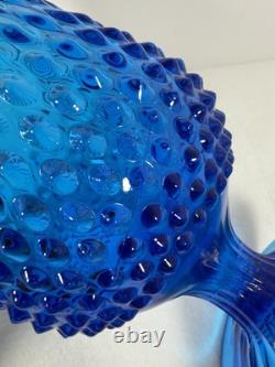 Vintage Retro MCM Blue Glass Swung Vase 21.75Hobnail Pedestal Base Fenton Style
