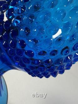 Vintage Retro MCM Blue Glass Swung Vase 21.75Hobnail Pedestal Base Fenton Style