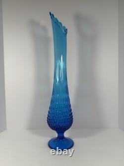 Vintage Retro MCM Blue Glass Swung Vase 21.75Hobnail Pedestal Base Fenton Style