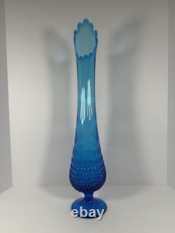 Vintage Retro MCM Blue Glass Swung Vase 21.75Hobnail Pedestal Base Fenton Style