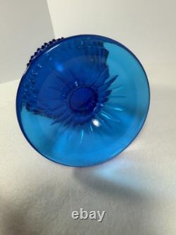 Vintage Retro MCM Blue Glass Swung Vase 21.75Hobnail Pedestal Base Fenton Style