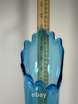 Vintage Retro MCM Blue Glass Swung Vase 21.75Hobnail Pedestal Base Fenton Style