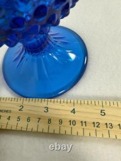 Vintage Retro MCM Blue Glass Swung Vase 21.75Hobnail Pedestal Base Fenton Style
