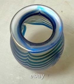 Vintage Robert Eickholt blown pulled feather blue iridescent studio glass vase