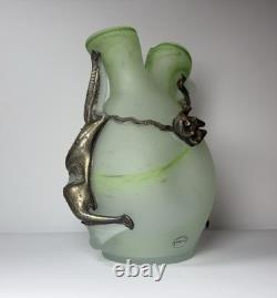 Vintage Romanian Rombladt Art Glass Vase w Bronze Mounts c. 1970s MCM