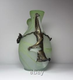 Vintage Romanian Rombladt Art Glass Vase w Bronze Mounts c. 1970s MCM