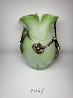 Vintage Romanian Rombladt Art Glass Vase w Bronze Mounts c. 1970s MCM