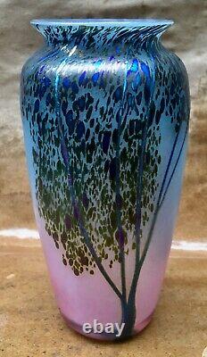 Vintage Santa Fe's Peet Robison art glass iridescent blue tree design vase