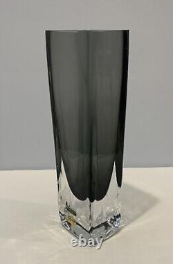 Vintage Schott Smalandshyttan Art Glass 8 Vase Smokey Blue and Clear w Stickers