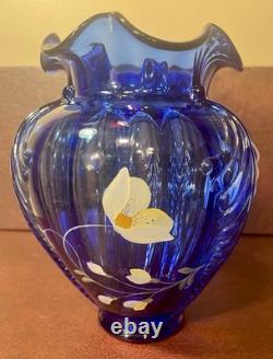Vintage Shelly Fenton Hand Painted Cobalt Blue Glass Vase #459, Signed