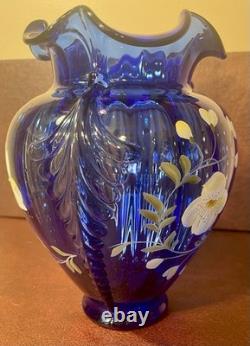 Vintage Shelly Fenton Hand Painted Cobalt Blue Glass Vase #459, Signed
