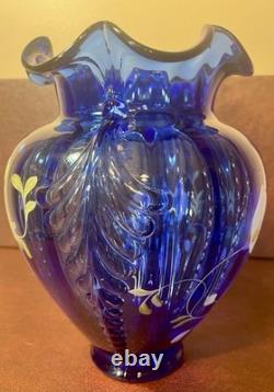 Vintage Shelly Fenton Hand Painted Cobalt Blue Glass Vase #459, Signed