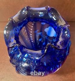Vintage Shelly Fenton Hand Painted Cobalt Blue Glass Vase #459, Signed
