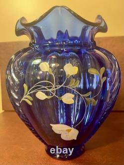 Vintage Shelly Fenton Hand Painted Cobalt Blue Glass Vase #459, Signed 1995