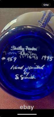 Vintage Shelly Fenton Hand Painted Cobalt Blue Glass Vase #459, Signed 1995