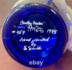Vintage Shelly Fenton Hand Painted Cobalt Blue Glass Vase #459, Signed 1995